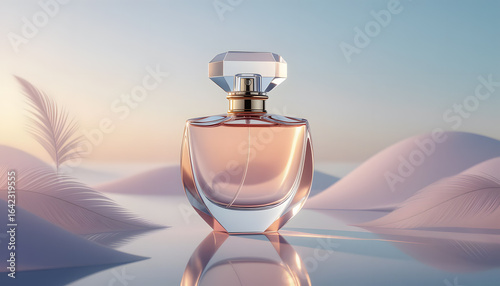 luxurious glass perfume bottle with a crystal cap sits amidst soft, flowing feathers and a serene, pastel colored backdrop