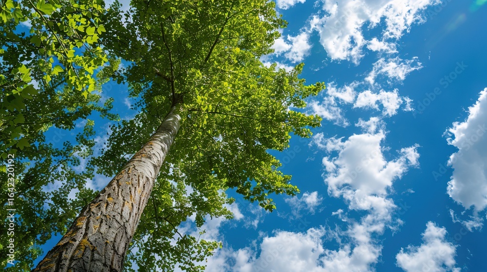 Fototapeta premium Towering Poplar Trees: Fast-Growing Species with Slender Trunks, Fluttering Leaves, and Iconic Silhouettes, Thriving in Forests, Riverbanks, and Urban Landscapes, Capturing Natural Elegance for Arbori