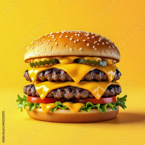 towering triple cheeseburger with melted cheese, pickles, lettuce, and tomato, presented against a vibrant yellow backdrop