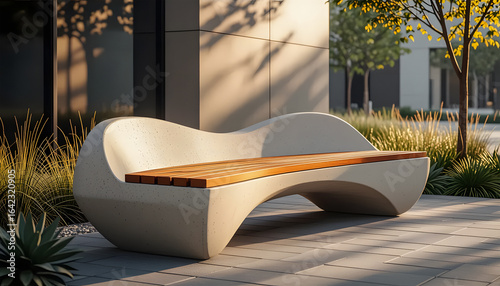 unique, curved concrete bench with a slatted wooden seat, set in a sunlit urban park or plaza