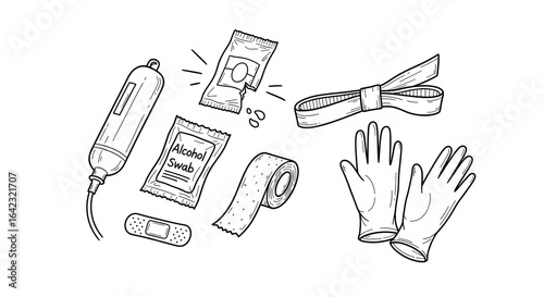 Black and White Line Drawing of Medical Supplies Organized on White Background Including Bandages Gloves and Syringe