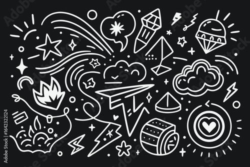 Whimsical hand drawn doodle illustrations of celestial bodies stars and playful decorative elements