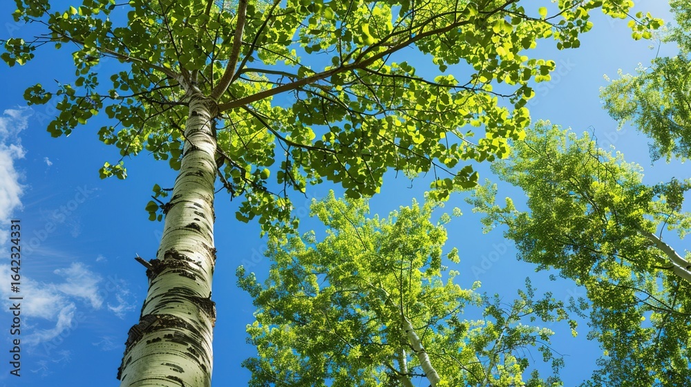 Fototapeta premium Towering Poplar Trees: Fast-Growing Species with Slender Trunks, Fluttering Leaves, and Iconic Silhouettes, Thriving in Forests, Riverbanks, and Urban Landscapes, Capturing Natural Elegance for Arbori
