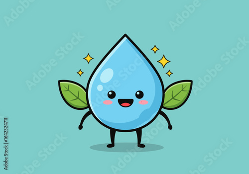 A cute, smiling waterdrop with leaves representing fresh water and environmental harmony in cartoonish illustration