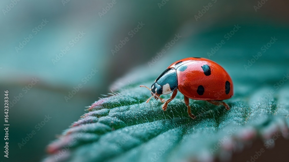 Obraz premium Ladybug on green leaf closeup