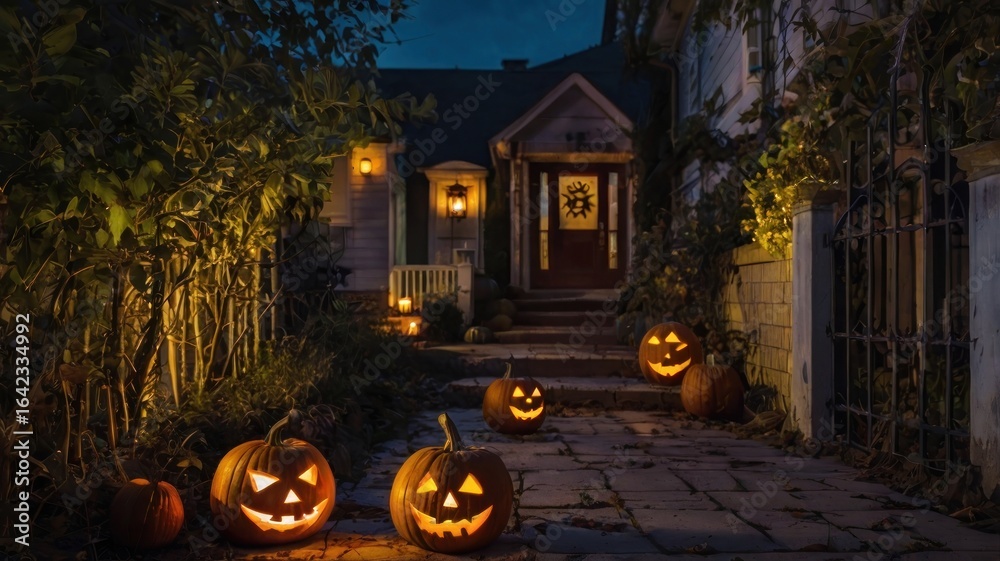 Fototapeta premium Spooky Halloween House Decorated with Jack-o'-lanterns