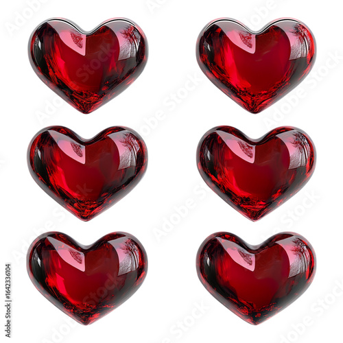 A set of six red hearts are displayed on a white background