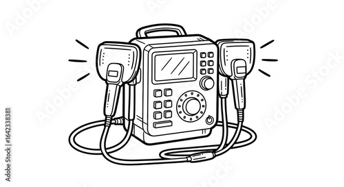 Detailed Black and White Line Art Illustration of a Defibrillator with Paddle Electrodes Cables and Central Control Unit Isolated on White Background