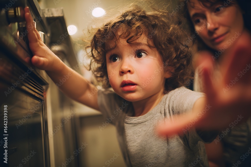 Fototapeta premium Curious child reaching toward hot oven