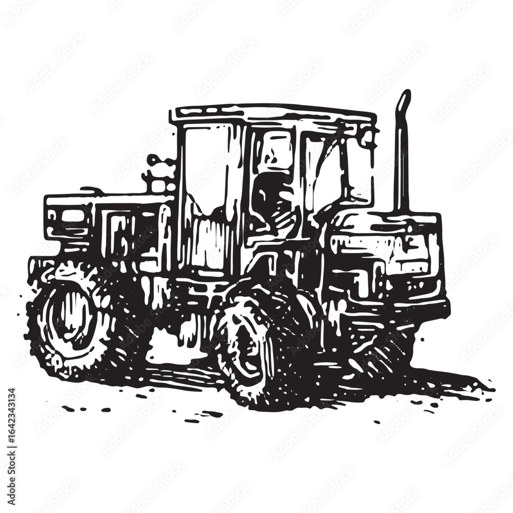 Naklejka premium Vintage sketch of front-facing farm tractor in monochrome hand-drawn style