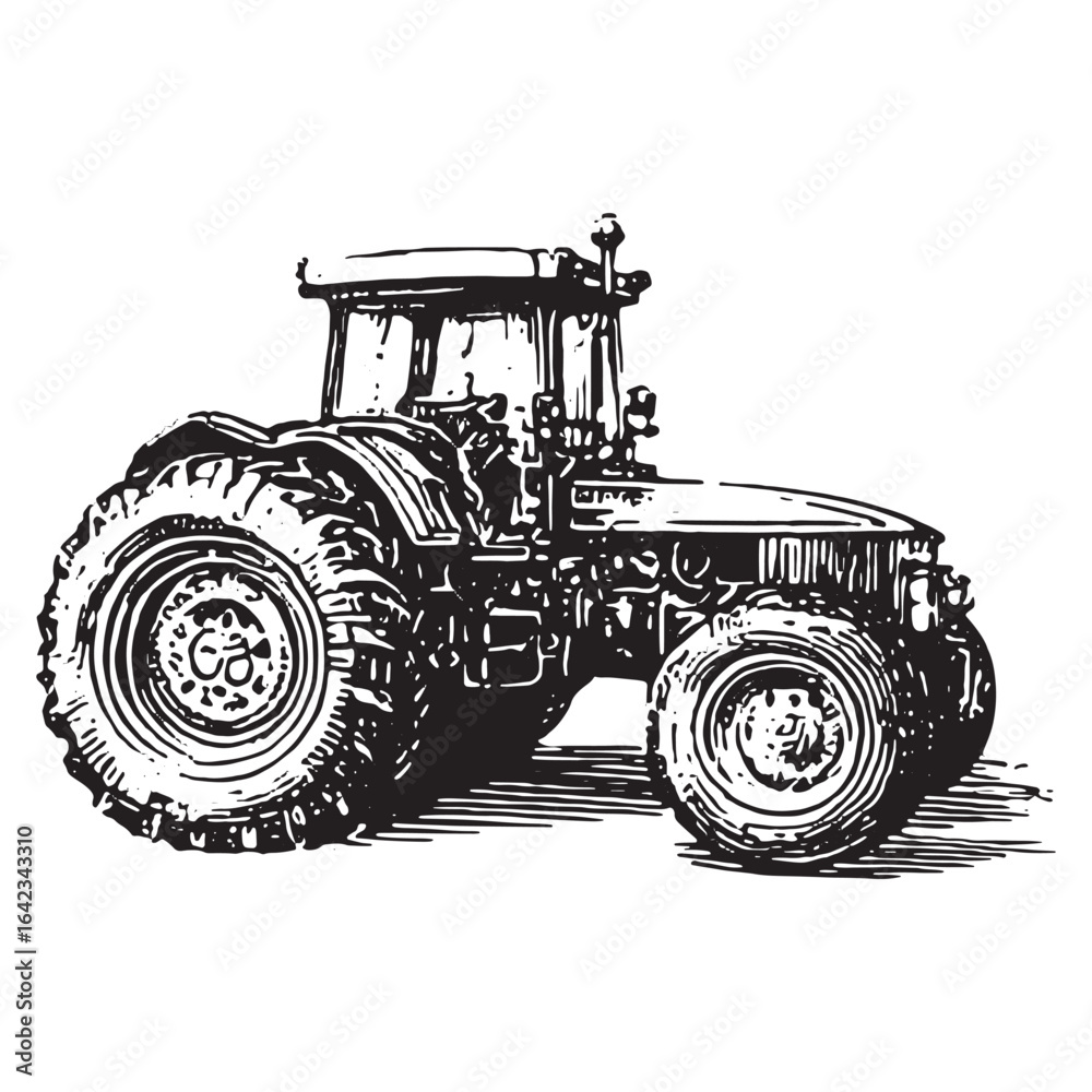 Obraz premium Monochrome sketch of large farm tractor in vintage hand-drawn style