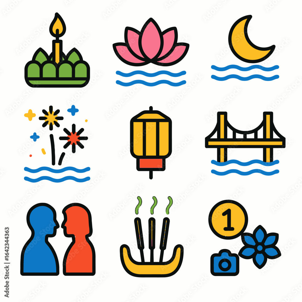 Fototapeta premium Loy Krathong graphics float festival water icons set design