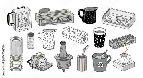 Upcycled Objects Still Life Illustration