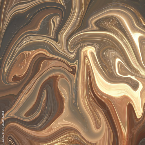 Golden brown swirling fluid art with highlights, resembling molten metal flow, creating a luxurious abstract texture for backgrounds or modern design.