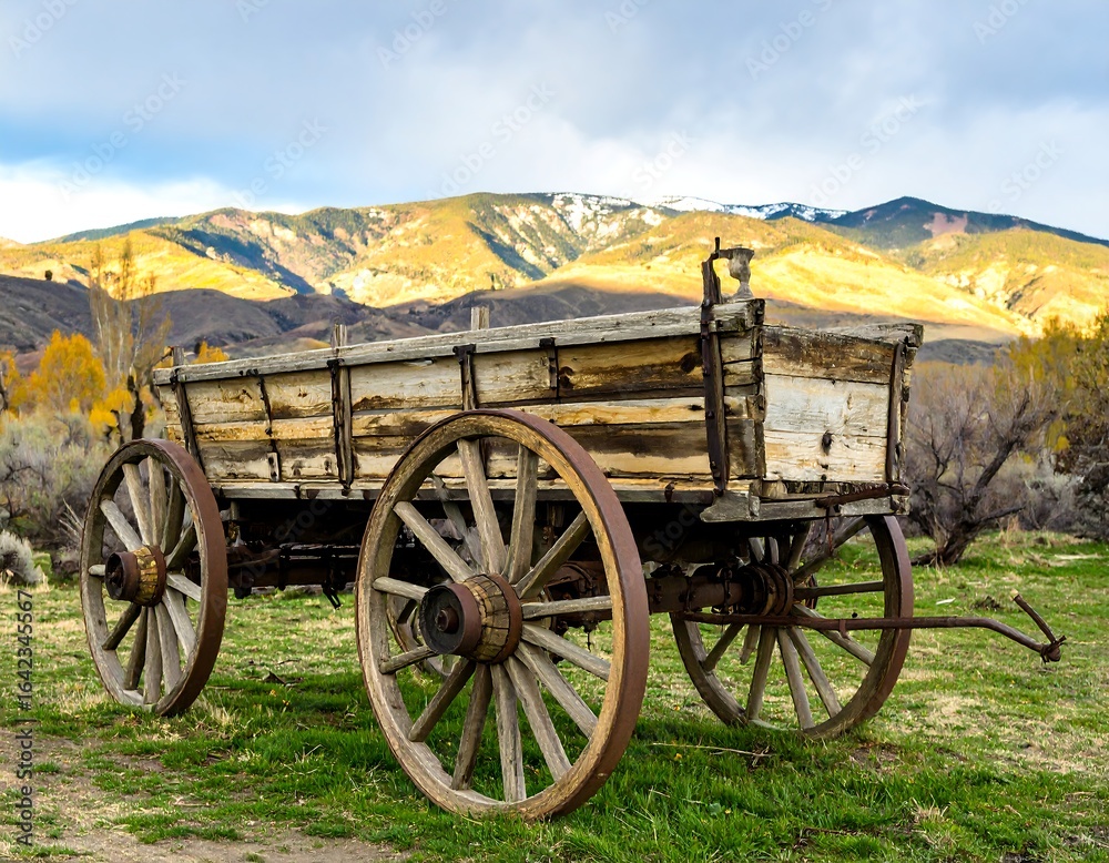 Fototapeta premium Old wooden wagon in a meadow