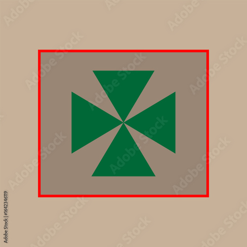 Geometric cross illustration. Green triangles symbol. Abstract shape design. Vector red frame.