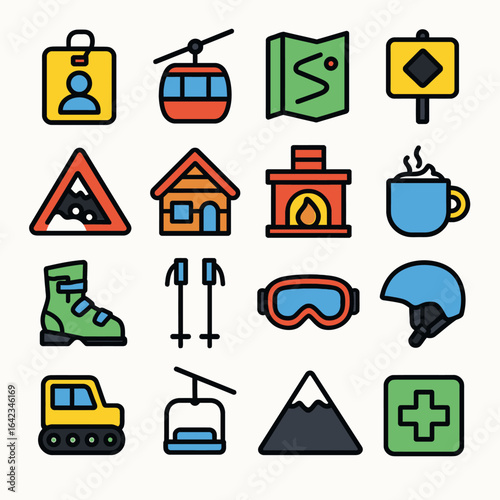 Winter icons display skiing equipment scene graphic resources