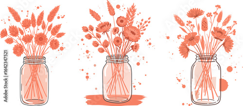 Floral arrangements in jars with a flat vector style design  