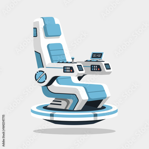 Futuristic chair with controls and a floating base against a plain background.