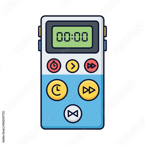 Blue and white digital voice recorder with screen and buttons illustration.