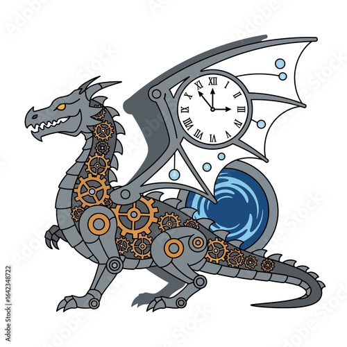 Steampunk dragon with clockwork wings and gears against a white background.