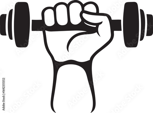 Monochrome vector illustration of a powerful hand gripping a dumbbell, symbolizing strength, fitness, and bodybuilding. A minimalist icon for gym, workout, and weightlifting concepts.