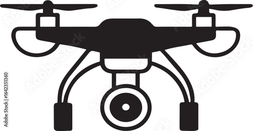 A black glyph icon of a quadcopter drone with a camera for aerial photography and videography. This vector illustration represents remote-controlled flight technology for surveillance and hobbies.