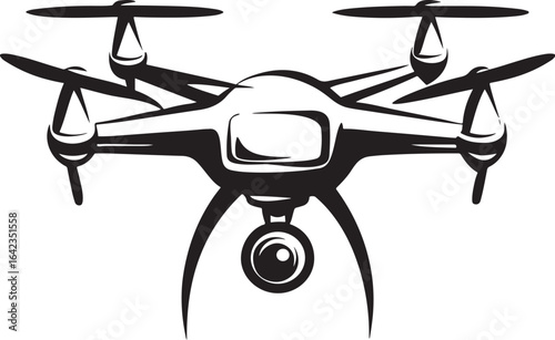 Monochrome vector graphic of a modern quadcopter drone equipped with a surveillance camera. An iconic illustration representing aerial technology, photography, and unmanned flight.