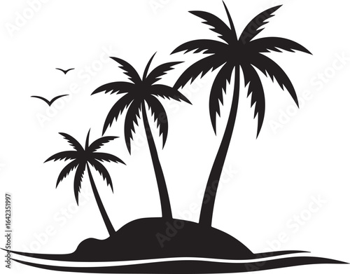 Black silhouette of three palm trees on a small island with birds flying overhead, set against a stylized ocean wave background, evoking tropical paradise and vacation vibes.