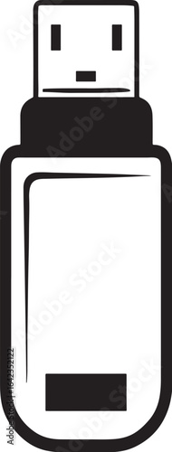 Monochrome illustration of a USB flash drive. Isolated vector icon symbol representing digital data storage, computer peripherals, and modern technology hardware.