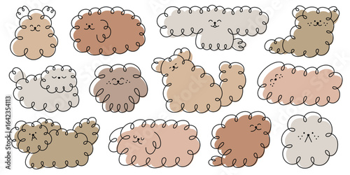Set of Cute Doodle Dogs with Fluffy Curly Shapes. Hand-Drawn Cartoon Vector Puppy 