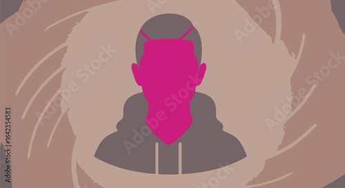 Vector art of faceless person silhouette with hoodie on a spiral textured background design