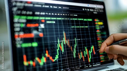 Close-up of a person analyzing stock market charts on a laptop screen with fluctuating price graphs.