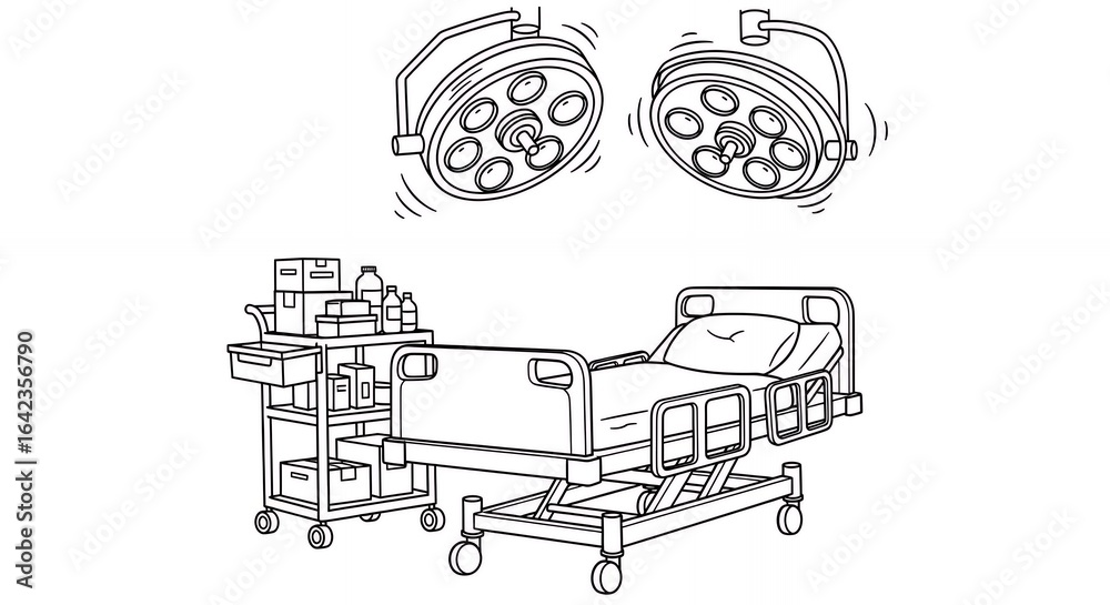 Obraz premium Monochrome Line Art Illustration of Hospital Bed with IV Stand Surgical Lights in Clinical Setting