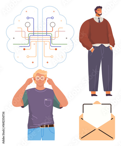 Neural network visualized with abstract connections, man in purple shirt adjusting glasses, formal man standing, open envelope. Ideal for brainstorming, creativity, innovation, teamwork