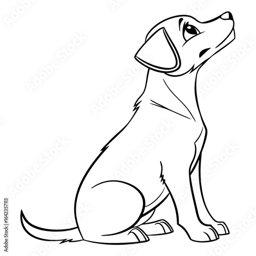 A cartoon dog sitting with its head tilted upwards looking at something above it in a black and white outline created with generated ai