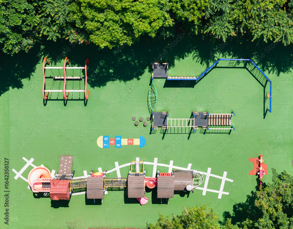 Colorful Playground Aerial View with Play Structures. Colorful Playground Aerial View with Play Structures.