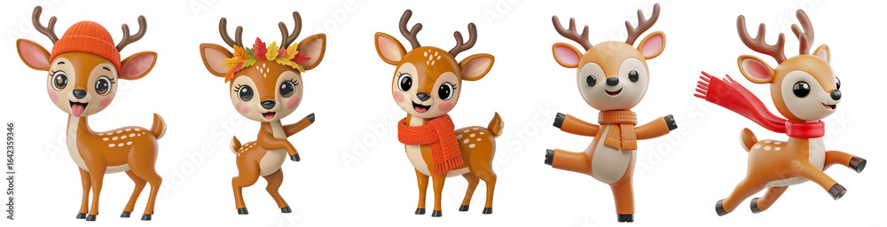 Fototapeta premium Five adorable 3D cartoon reindeer characters wearing winter hats, scarves, and autumn leaf crowns, joyful festive poses, isolated on transparent background, Christmas and seasonal holiday design
