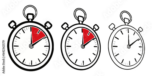 Three stopwatches showing different times one with red fill indicating time passage in a sequence view created with generated ai