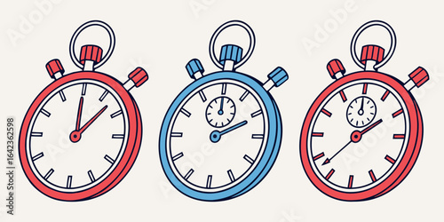 Illustration of three stopwatches with varying colors and hand positions indicating different times elapsed created with generated ai