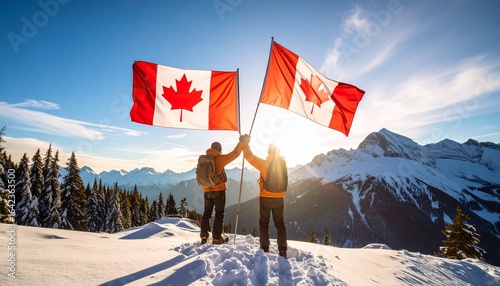 Patriotic adventurers on a snow-covered summit, raising Canadian flags in triumph against the bright morning sun.