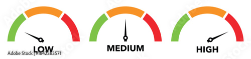 Low Medium High Colour Speedometer Vector Set — Dashboard Tachometer and Performance Indicator Icons.