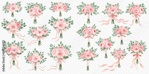 A beautiful collection of watercolor wedding bouquets featuring pink roses, green foliage, and delicate ribbons.