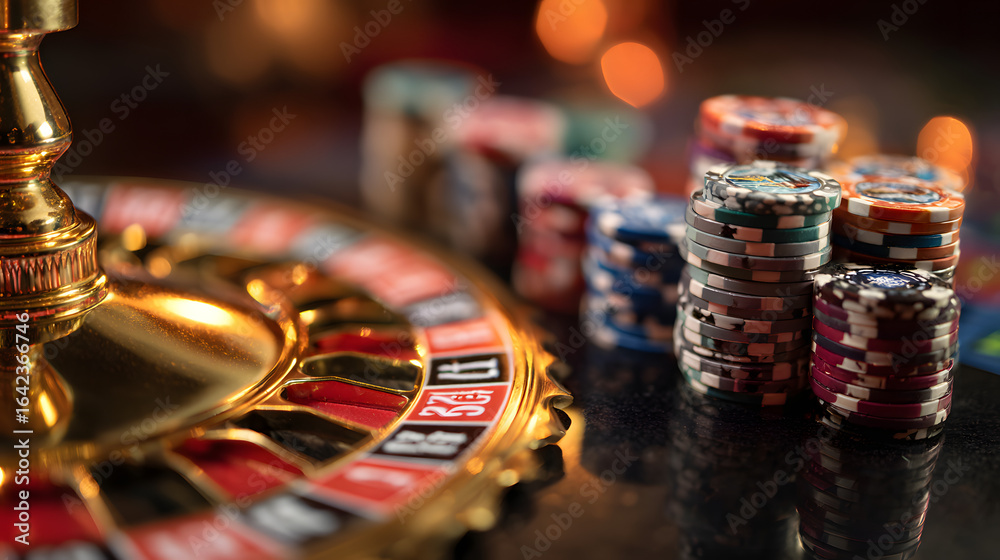 Fototapeta premium Luxurious casino blackjack roulette game with colorful chips golden wheel and vibrant background