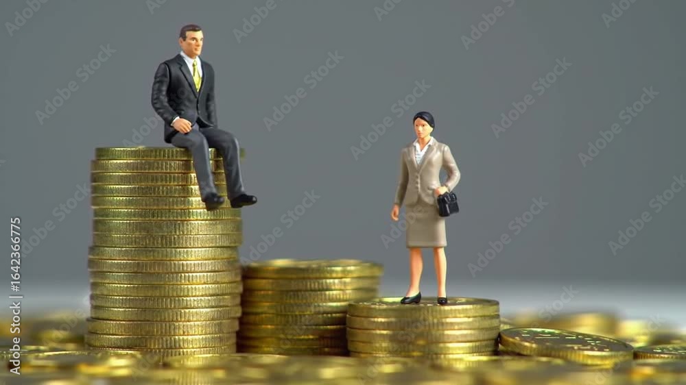 Miniature Businessman Sits Atop Higher Coin Stack Facing Businesswoman In Suit Miniature Businessman Sits Atop Higher Coin Stack Facing Businesswoman In Suit
