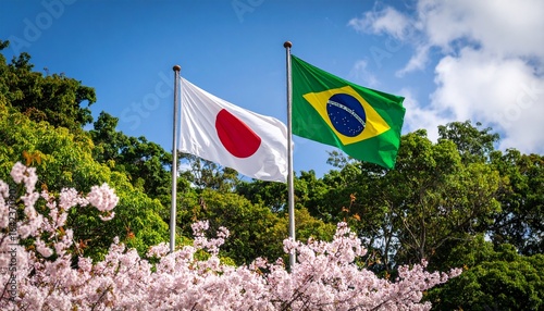 Flags of Japan and Brazil waving together above cherry blossoms, a symbol of international friendship, diplomacy, and strong bilateral relations.