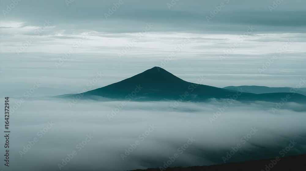 Naklejka premium Dark mountain peak above a sea of clouds.