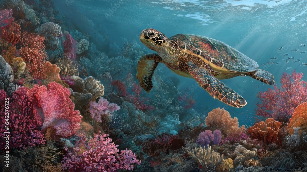 Fototapeta premium Sea turtle in vibrant coral reef