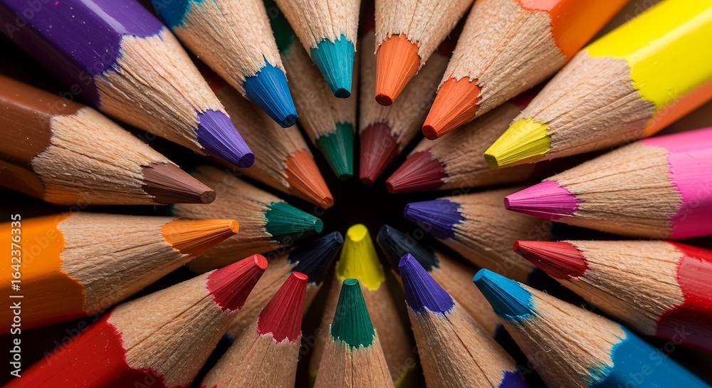 A vibrant circular pattern of sharpened colored pencils arranged in a radial design, symbolizing creativity and artistic expression. A vibrant circular pattern of sharpened colored pencils arranged in a radial design, symbolizing creativity and artistic expression.