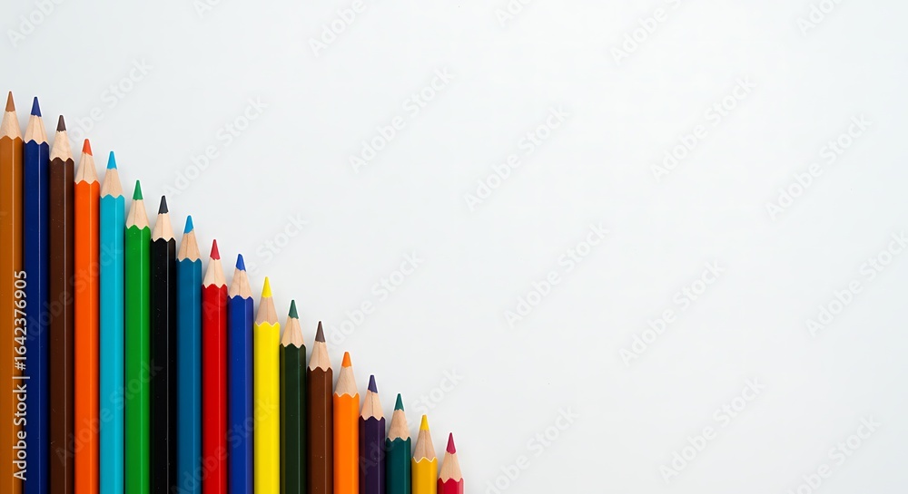 Fototapeta premium A vibrant diagonal row of assorted colored pencils lined up on a clean white background, symbolizing creativity, education, and artistic expression